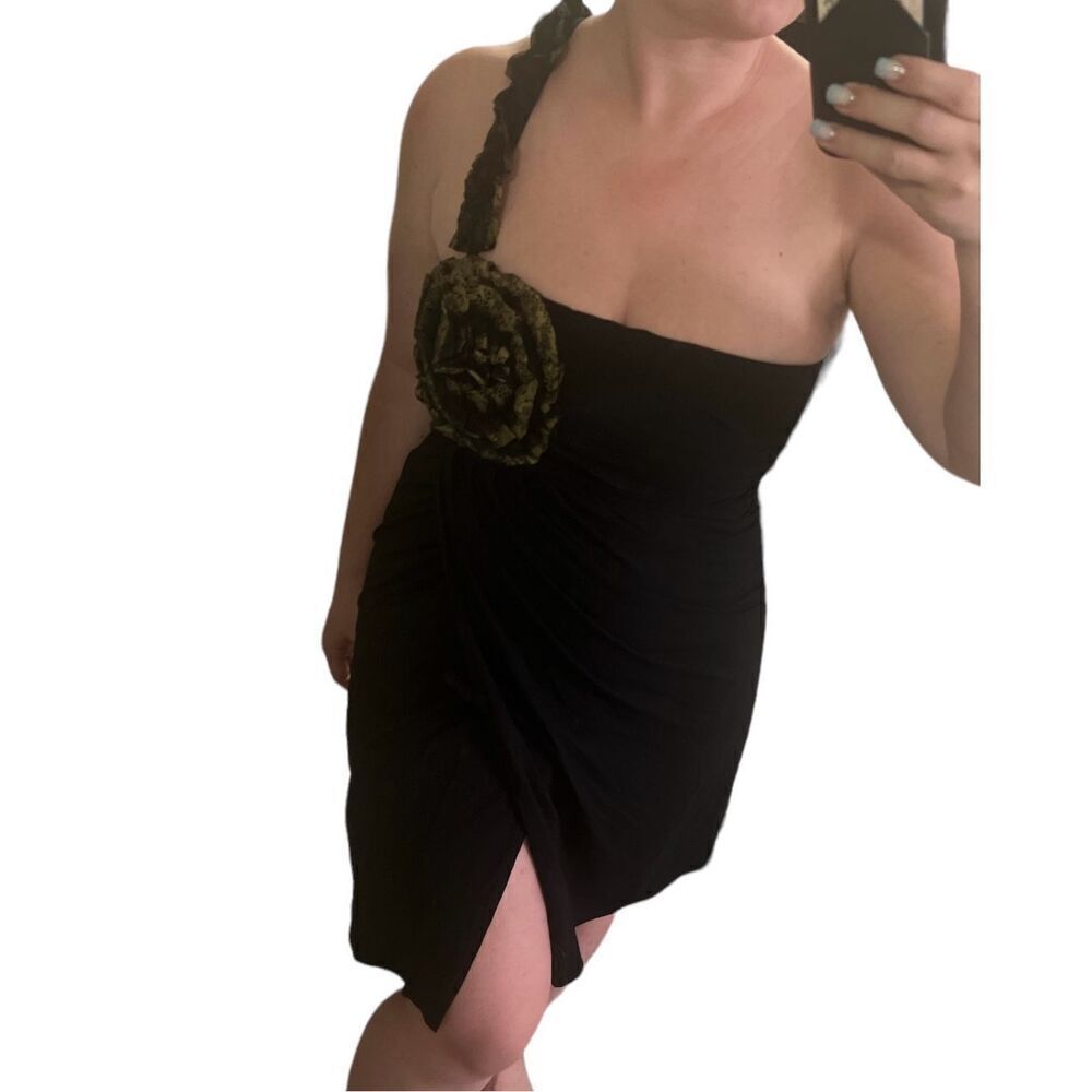 ✨Gado Gado Blk Gold Lace Floral Wrap One Shoulder Mini Sz XS Dress✨